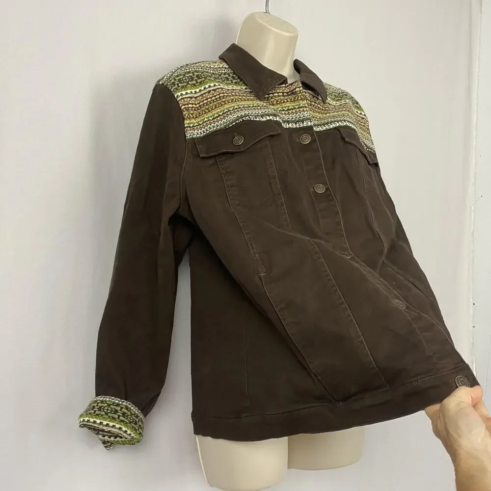 Denim & Co Jacket Womens Large Brown Trucker Southwestern Knit Trim Boho Trucker